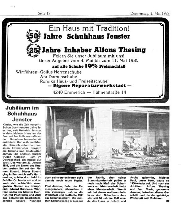 Zeitungsausschnitt: Ein Haus mit Tradition — 50 Jahre Schuhhaus Jenster