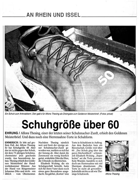 Zeitungsausschnitt: Schuhgröße über 60 — der goldene Meisterbrief